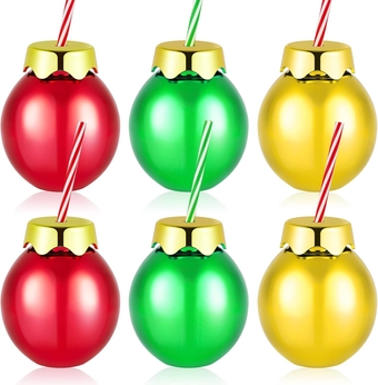 12oz Light Bulb Cups with Lids and Straws Reusable Light Bulb Cups Holiday Plastic Balls Cups Spring Easter Drinking Cups for Kids Holiday Party Supplies(Gold, Green, Red, 6 Pcs)