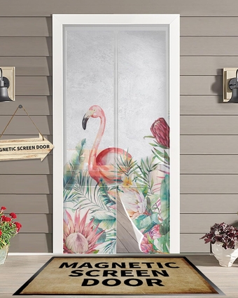 Palm Tree Leaf Flamingos Magnetic Screen Door for Sliding/Single/French Doors, Self Sealing Magnets Patio Door Screen Heavy Duty Mesh Curtain, Animal Bird Summer Fall Tropical Plant