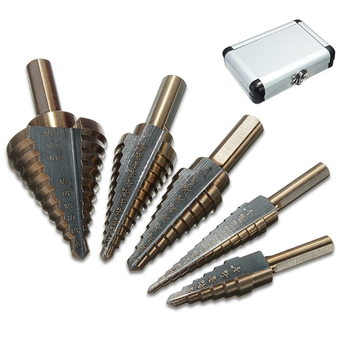 HSS Step Drill Bits, 5PCS Titanium Step Drill Bit Set, 50 Sizes SAE in 5 High Speed Steel Cone Drill Bit with Aluminum Case, Sheet Metal Step UP Drill Bits for DIY Lovers