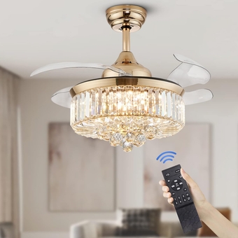 Modern Crystal Ceiling Fan Light Reversible Fandelier LED Dimmable Gold Retractable Fan Chandelier with Remote for Bedroom Living Room 36 inches