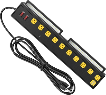 10 Outlet Heavy Duty Power Strip with LED Work Light, Wall Mount Long Power Strip with USB Ports, 6 FT Power Cord 1350 Joules Outlet Surge Protector for Workshop Garage Industrial (ETL Listed)