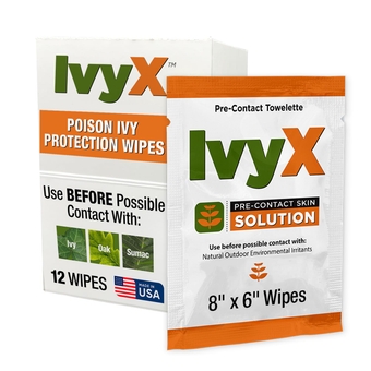 Ivy X Pre-Contact Poison Ivy Wipes - Pack of 12 Single-Use Poison Ivy Protection Wipes - Prevents Itchy Rashes Caused by Poison Ivy, Poison Oak, & Poison Sumac - Ivy X Wipes Prevent Poison Ivy
