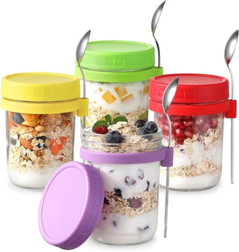 4 Pack Overnight Oats Containers with Lids and Spoons, 16 oz Glass Mason Overnight Oats Jars, Large Capacity Airtight Jars for Milk, Cereal, Fruit