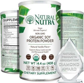 Organic Vegan Plant Based Soy Protein Source Powder, Supports Bone and Improves Cardiovascular Health, Gluten Free, Non GMO, Sugar-Free 14.4 OZ.
