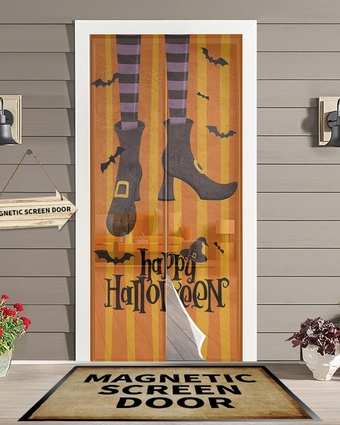 Halloween Magnetic Screen Door for Sliding/Single/French Doors, Self Sealing Magnets Patio Door Screen Heavy Duty Mesh Curtain, Witches Boot Bats Orange Geometric Stripes