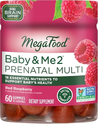 Baby & Me 2 Prenatal Vitamin Gummies - Prenatal Vitamins for Women with Folic Acid and Choline for Baby’s Brain Development; Plus Real Fruit- Red Raspberry Flavor - 60 Gummies (30 Servings)