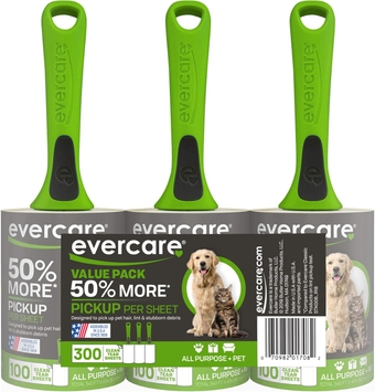 Value Pack of 3 All Purpose Stick Pet Hair Lint Rollers, 100 Sheets Each, Total 300 Sheets, Green