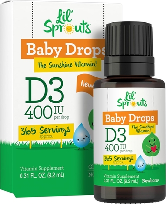 Baby Vitamin D3 400 IU | Liquid Drops | .31oz (9.2 mL) | 1 Year Supply (365 Servings) | Vegetarian, Non-GMO, and Gluten Free Formula for Infants and Newborns | Lil' Sprouts