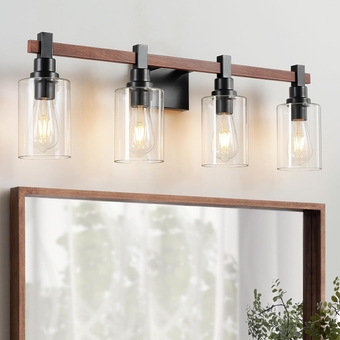 Farmhouse Bathroom Light Fixtures, 4-Light Bathroom Vanity Light Industrial Vintage Sconces Wall Lighting with Clear Glass Shade, Rustic Woodgrain Finish Bathroom Lights Over Mirror 31.5in