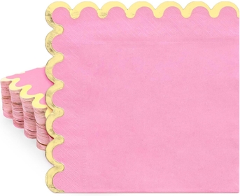 80 Pack Light Pink Paper Napkins Gold Foil Border Disposable Napkins Girl Scalloped Decorative Luncheon Dinner Napkins for Wedding Dinner Birthday Party Supplies Table Decor, 6.3 x 6.3 Inch