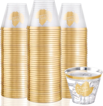 60PCS Thanksgiving Gold Plastic Cups 9 Oz Gold Rimmed Clear Plastic Cups Gold Thanksgiving Disposable Party Cups Thanksgiving Plastic Drinking Cups Cocktail Glasses Disposable Wine Glasses