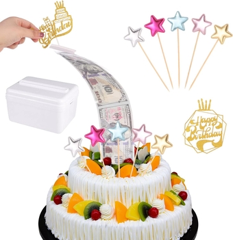 108 Pieces Money Cake Pull Out Kit, Pulling Money Box with 2 Pcs Happy Birthday Cake Topper Gold, 5 Pcs Five-star Birthday Cake Decoration,100 Transparent Bag Connected Pockets Cake Decoration