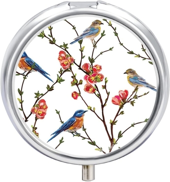 Japanese Spring Tree Branches with Red Flowers Green Leaves and Birds Iron Pill Box Case Organizer with Internal Separate Plastic Dividers, Travel Small Medicine Bag Holder Carrier Round Container