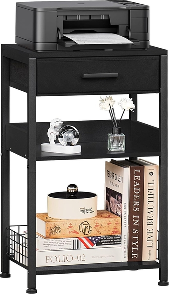 Pure Black Printer Table with Fabric Drawer,3 Tier Industrial Wood Printer Stand with Storage Shelf,Modern Tall End Table,Nightstand,Bed Side Tables for Scanner Fax Home Office Small Spaces