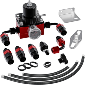 EFI Fuel Pressure Regulator Kit with Bypass Return 0-100psi Pressure Gauge AN6-6AN Fuel Line Hose Fitting Connectors Kit Adjustable Universal Aluminum Black & Red