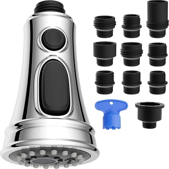 Kitchen Faucet Head Replacement, Pull Down Faucet Spray Head, 3 Function Kitchen Faucet Sprayer Nozzle with 10 Adapters Compatible with Moen, American Standard, Delta, Kohler Faucets, Chrome