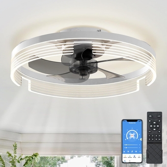 White Ceiling Fan Modern Flush Mount Low Profile Ceiling Fans Timing APP Remote Control, Smart Small Enclosed Reversible Dimmable LED Lighting Fan For Indoor Bedroom Living Room Kitchen 53*53*18