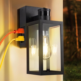 Porch Light with GFCI Outlet,Dusk to Dawn Motion Sensor Exterior Light Fixture,3 Lighting Modes Outdoor Lights,Anti-Rust Front Porch Light Wall Lantern for Doorway Garage (Bulb Not Included)