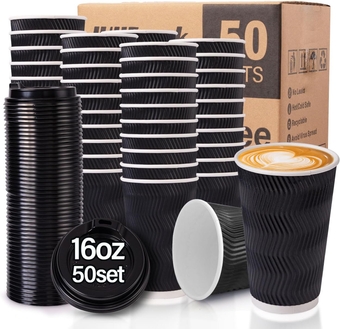 Disposable Coffee Cups With Lids,50 Pack,16 oz Insulated Ripple Wall Paper Coffee Cups,To Go Iced Coffee Cups for Hot and Cold Beverages Tea Hot Chocolate Drinks (Black)