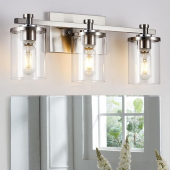 3 Light Bathroom Light Fixtures, Brushed Nickel Bathroom Light Fixture with Clear Glass Shade, Bathroom Wall Sconces Over Mirror for Stair, Living Room, Bedroom, Bathroom