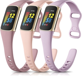 Band Compatible with Fitbit Charge 6/Charge 5 Bands for Women Men, 3 Pack Soft Silicone Sport Replacement Slim Accessories for Fitbit Charge 5/Charge 6 Fitness Tracker, Pink/Lavender/Ashy Pink