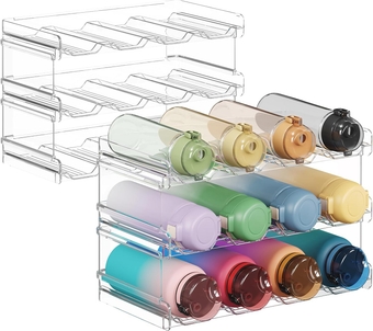 Stackable Water Bottle Organizer for Cabinet, Water Bottle Holder, Kitchen Pantry Organization and Storage, Plastic Fridge Wine Racks, Tumbler Travel Mug Cup Holder, 6Pack, Hold 24 Bottles