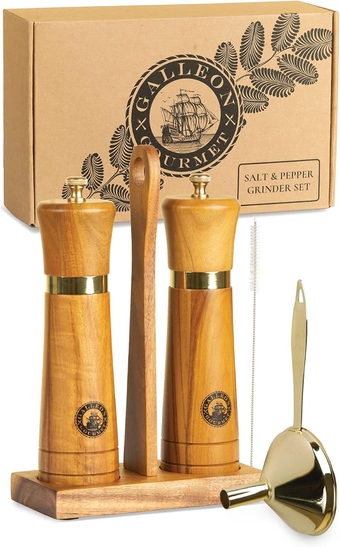 Wooden Salt and Pepper Grinder Set: Easy-Carry Stand, Refilling Funnel and Cleaning Brush: 8 Inch Acacia Wood Salt and Pepper Mills