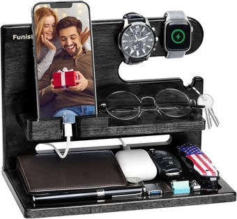 Gifts for Men Dad Fathers Day from Daughter Son, Wood Phone Docking Station, Nightstand Organizer, Unique Husband Anniversary Birthday Gift for Him Boyfriend Graduation from Wife Girlfriend