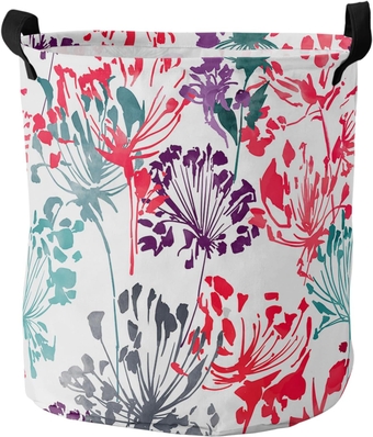 Colored Dandelion Laundry Basket, Collapsible Bag with Easy Carry Handles, Small Waterproof Foldable Freestanding Hamper, Folding Washing Bin Clothes Storage Round Spring Summer Flower Plant