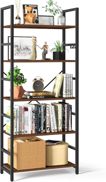 5 Tier Bookshelf - Tall Book Shelf Modern Bookcase for CDs/Movies/Books, Rustic Book Case Industrial Bookshelves Book Storage Organizer for Bedroom Home Office Living Room Rustic Brown