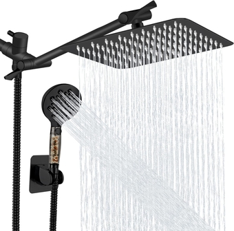 Filtered Shower Head, 10 Inch High Pressure Rainfall Shower Head /Handheld Showerhead Combo with 11 Inch Extension Arm, Anti-leak Shower Head with Hose, Height/Angle Adjustable, Matte Black