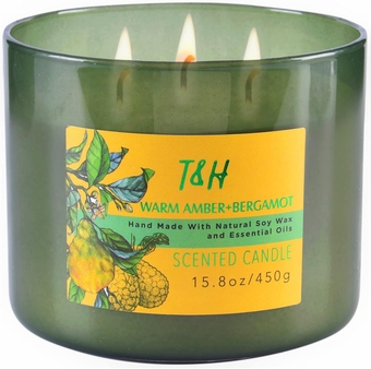 Warm Amber Bergamot Scented Candle - Large 3 Wick Candle Stress Relief - Fresh Spring Candles for Home 15.8 oz - Aromaerapy Relaxing Candles for Women & Men - Clean Burn Natural Soy Candles