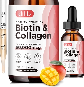 Liquid Biotin & Collagen & Keratin Hair Growth Drops 60,000mcg (2oz) Marine Collagen Peptides - Supports Hair, Radiant Skin, Strong Nails - High Potency Supplements - Vitamins for Women & Men