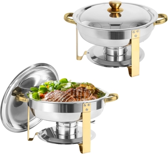 Chafing Dish Buffet Set of 2, 5QT Round Stainless Steel Chafer for Catering, Upgraded Chafers and Buffet Warmer Sets with Food & Water Pan, Gold Frame, Fuel Holder for Party Wedding Holiday