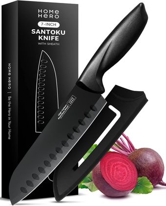 2 Pcs Santoku Knife with Sheath - High Carbon Stainless Steel Kitchen Knife with Ergonomic Handle - Razor Sharp Multipurpose Chopping Knife (Stainless Steel 7-Inch Santoku Knife)