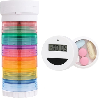 Portable 7 Day Stackable Pill Organizer with 2 Lids and with One Countdown Timer Alarm Cap for Medications, Vitamins and Supplements and Attachable to Magnetic Calendar. Good for Travel or Home Use.