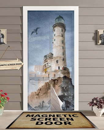 Light-House Magnetic Screen Door for Sliding/Single/French Doors, Self Sealing Magnets Patio Door Screen Heavy Duty Mesh Curtain, Ocean Seabird Summer Beach Sea Gull