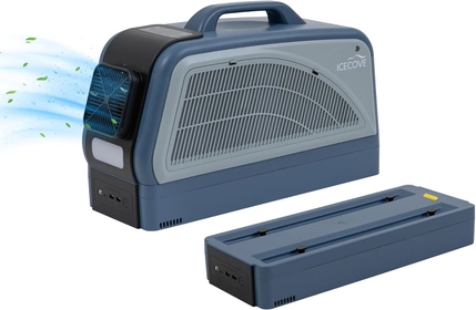 Air Conditioner with Add-on 2 Batteries 2500BTU Portable AC Unit, 250W Low Power Consumption, 25.5VDC, 2 Fan Speed, 3 Light Mode for Tent Camping RV Truck Van Life Home, Blue