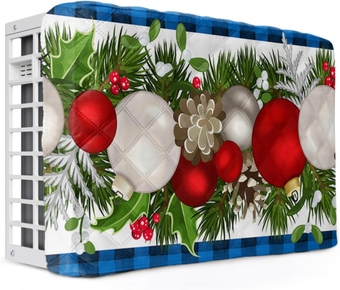 Red Christmas Balls Indoor Air Conditioner Cover for Window Units,Double Insulation Adjustable Waterproof Indoor AC Cover with Elastic Straps Berry Green Pine Leaves Checkered Blue 21'' x 15'' x 3.5''