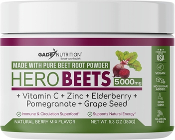 Organic Beet Root Powder - Nitric Oxide Boost for Blood Pressure, Circulation & Heart Health Support - Non-GMO Superfood Supplement - with Elderberry, Pomegranate - Natural Berry Flavor, 30 Servings
