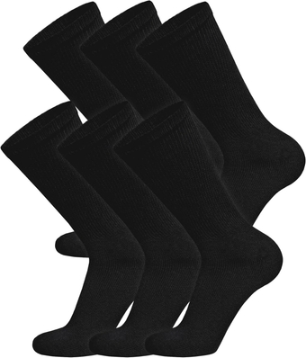 6 Pairs of Cotton Diabetic Non-Binding Neuropathy Crew  (Black, Fits Mens Shoe Size 9-12/Womens Shoe Size 10-13)