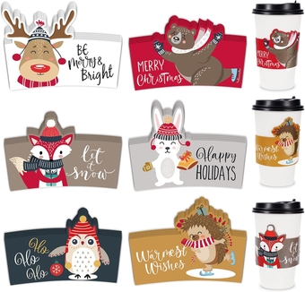 42 Pack Christmas Coffee Tea Cup Sleeves Cute Christmas Woodland Creature Jacket Sleeves for 12 and 16oz, 6 Designs Disposable Paper Cup for Xmas Hot Chocolate Cocoa Cold Beverage