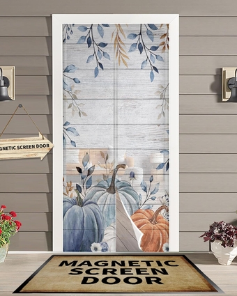 Farmhouse Pumpkins Magnetic Screen Door for Sliding/Single/French Doors, Self Sealing Magnets Patio Door Screen Heavy Duty Mesh Curtain, Thanksgiving Fall Wooden Eucalyptus