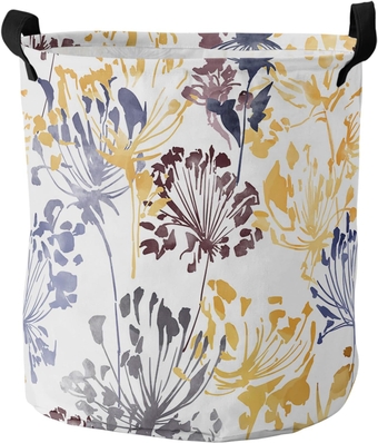 Flowers Plants Laundry Basket, Collapsible Bag with Easy Carry Handles, Small Waterproof Foldable Freestanding Hamper, Folding Washing Bin Clothes Storage Round Farm Dandelion Floral Leaf Print