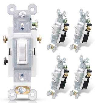 3 Way Toggle Light Switch, 15 Amp, 120 V, Toggle Framed AC Quiet Switch, in Wall On/Off Switch Replacement, Self-Grounding, Residential and Commercial Grade, UL Listed (5 Pack, Glossy White)