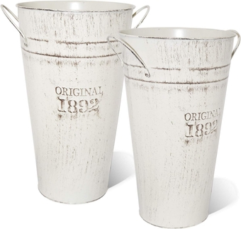 Metal Galvanized Flower Vase - Set of 2 - Farmhouse French Bucket - Table Centerpiece Rustic Home Decor for Fresh and Dried Floral Arrangements for Home and Weddings