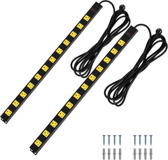 Suraielec 2-Pack 12 Outlet Long Metal Power Strip, 15FT Cord Surge Protector, Angled Flat Plug, Wide Spaced Outlet Bar, 15A Breaker, Wall Mountable, Industrial Heavy Duty for Work Bench, Shop, Garage