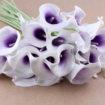 Outop Calla Lily Bridal Wedding Bouquet Latex Real Touch Flower Bouquets (10pcs (White Flower+purple Core))