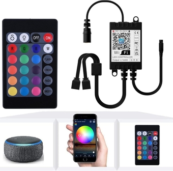 WiFi Wireless Smart LED Controller with 24 Keys Remote for RGB LED Strip Lights, Compatible with Alexa Google Home IFTTT, Support Android iOS System