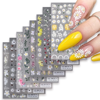 8 Sheets Flower Nail Art Stickers Decals Spring Daisy Nail Decals 3D Self-Adhesive Nail Art Supplies Colorful Floral Design Nail Accessories for Women Acrylic Nail Decorations